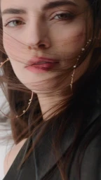Close up portrait of a woman with long brown hair blowing across her face wearing gold hoop earrings and a dark top