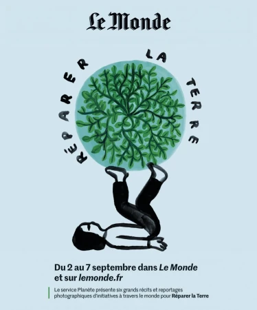 Illustration for Le Monde: Person balancing a globe of leaves, promoting environmental initiatives from September 2nd to 7th.