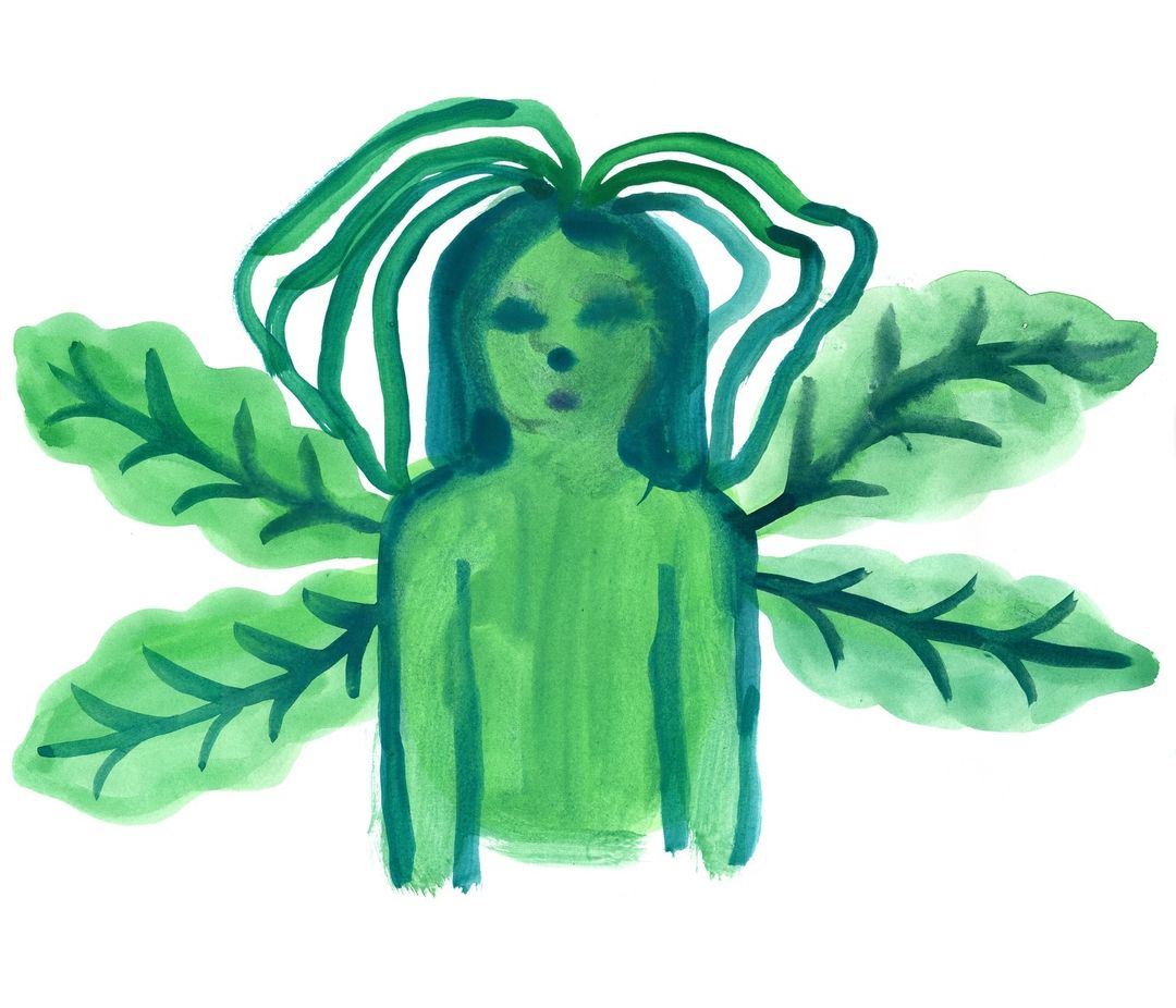 Watercolor painting of a stylized green-skinned figure with leaf-like hair and shoulders, set against a clean white background.