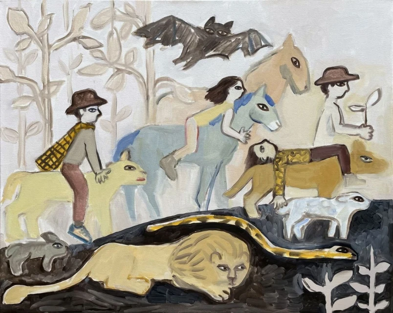 Folk art painting features people on animals including a horse, donkey, lion, lamb, snake, rabbit and bat against a cream colored background.