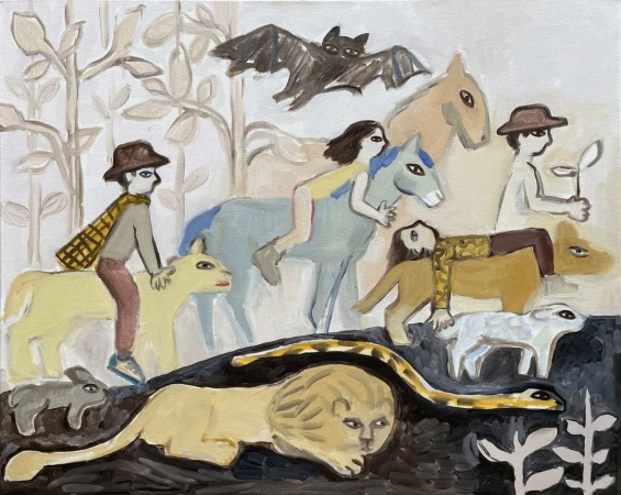 Folk art painting features people on animals including a horse, donkey, lion, lamb, snake, rabbit and bat against a cream colored background.