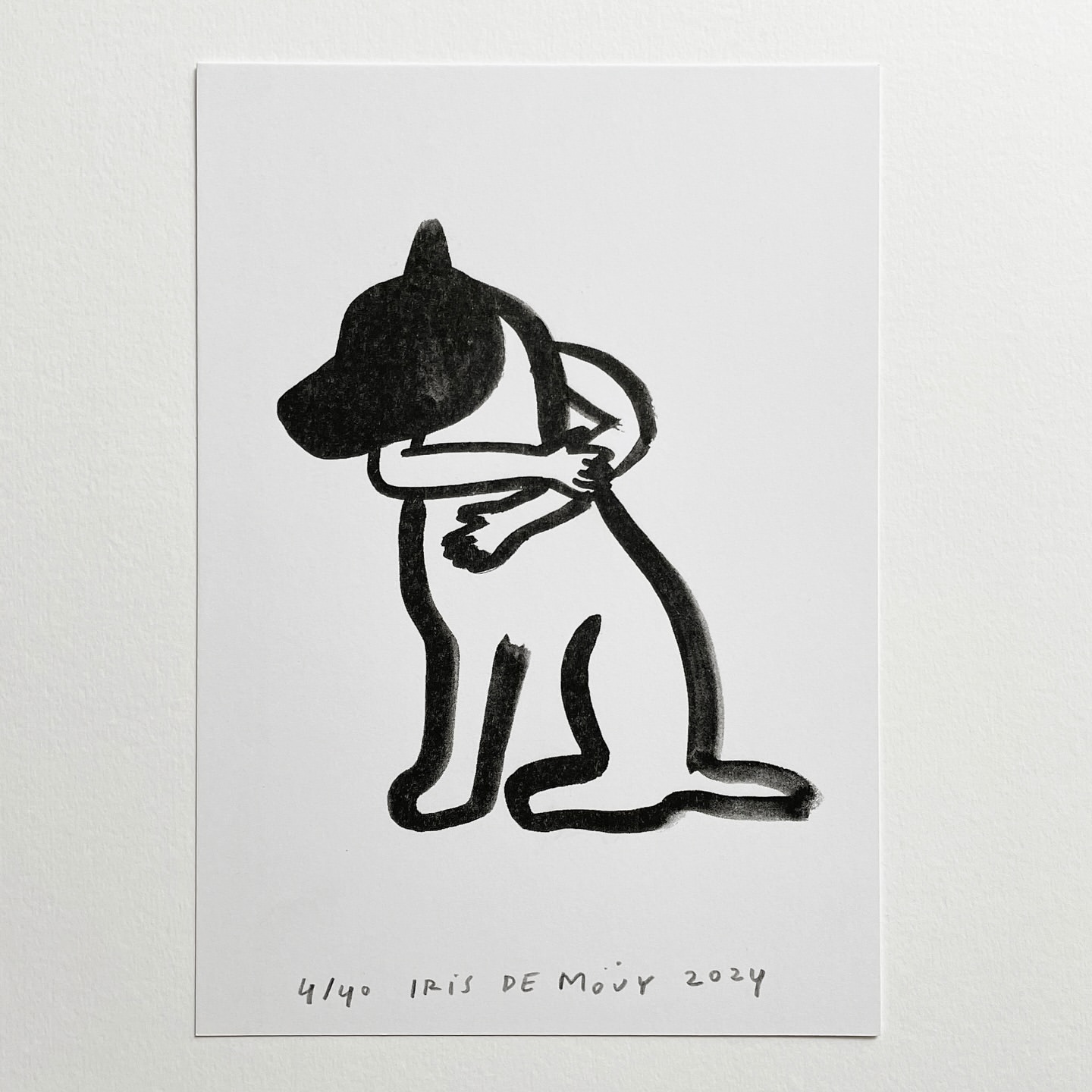 Illustration of stylized dog hugging a person, rendered in black ink on white paper. Simple drawing style and minimal background.