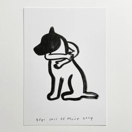 Illustration of stylized dog hugging a person, rendered in black ink on white paper. Simple drawing style and minimal background.