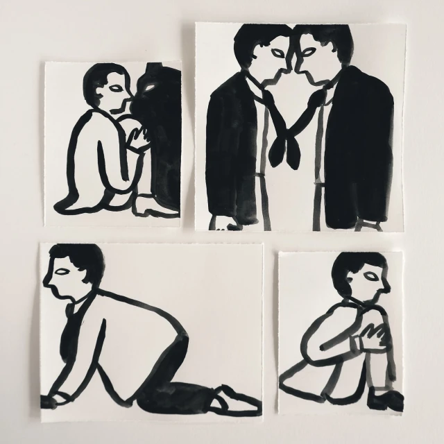 Monochromatic art featuring four ink drawings of a person in different poses, set against a plain white background in square compositions.