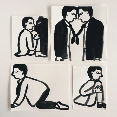 Monochromatic art featuring four ink drawings of a person in different poses, set against a plain white background in square compositions.
