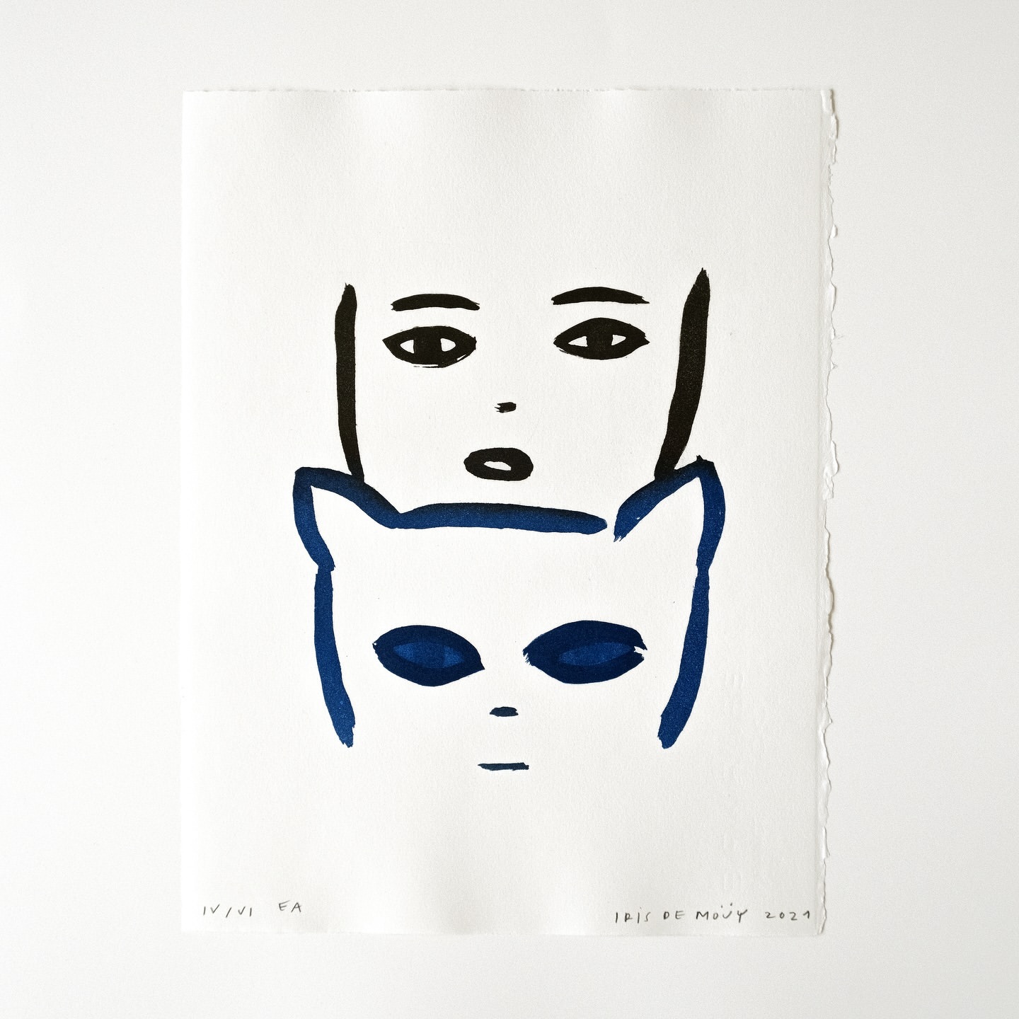 Line art illustration on white background features a person above a cat face, both rendered in black and blue ink, minimalist aesthetic.