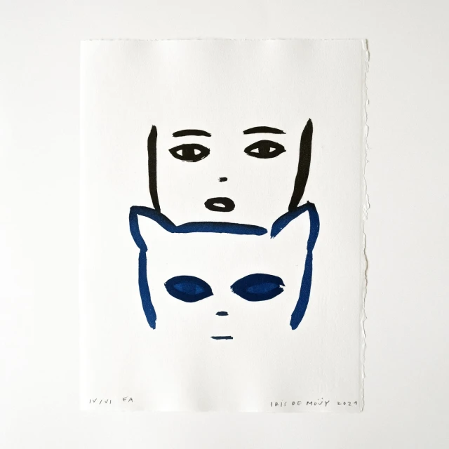 Line art illustration on white background features a person above a cat face, both rendered in black and blue ink, minimalist aesthetic.