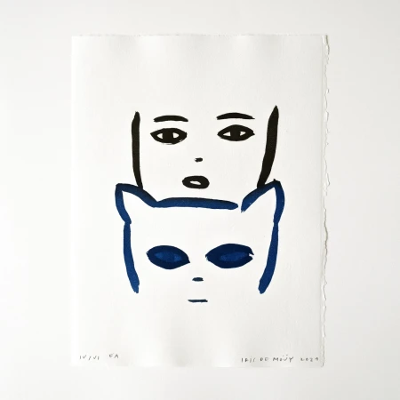 Line art illustration on white background features a person above a cat face, both rendered in black and blue ink, minimalist aesthetic.