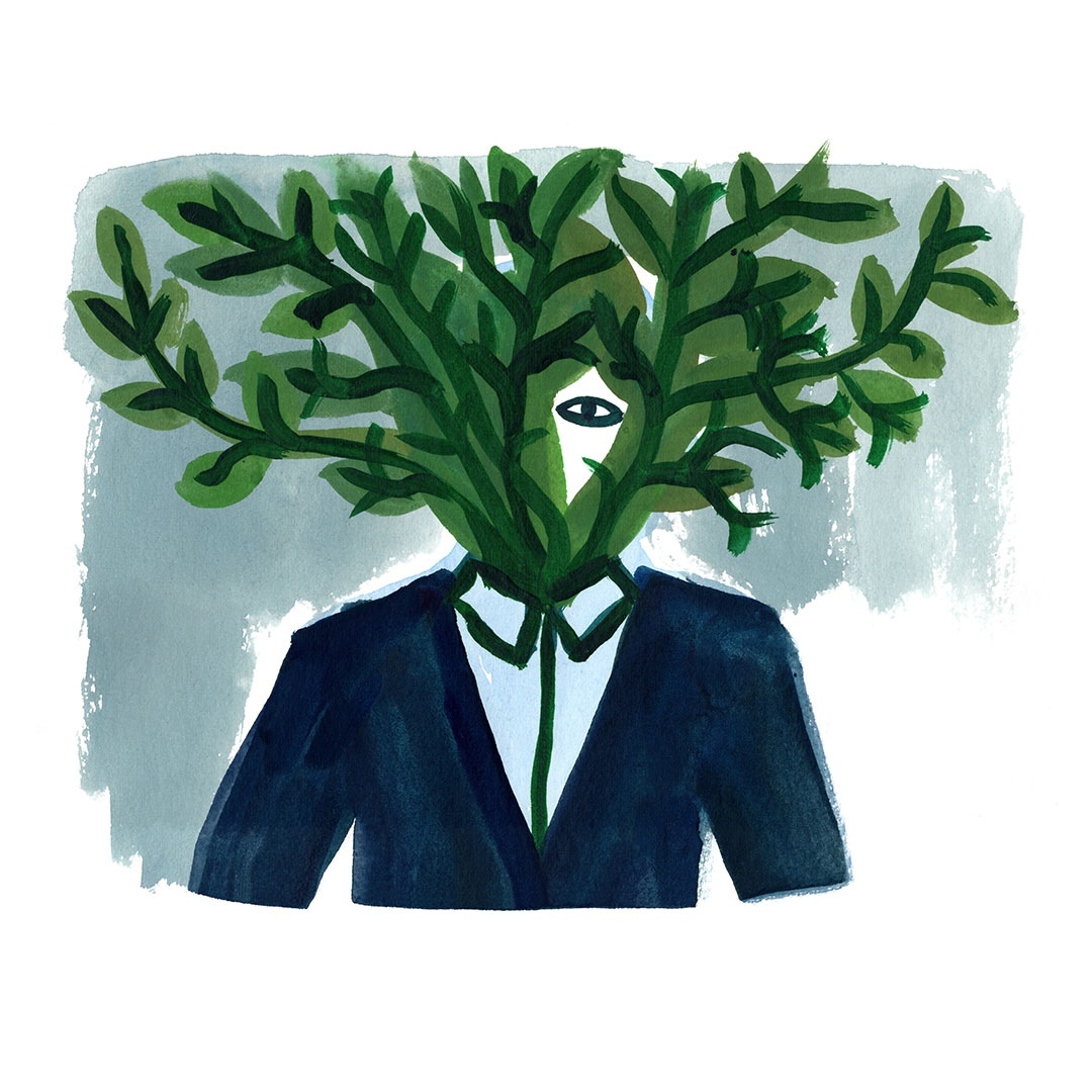 Illustration of person wearing suit with a leafy green plant as a head on a white background with gray watercolor-style paint strokes.