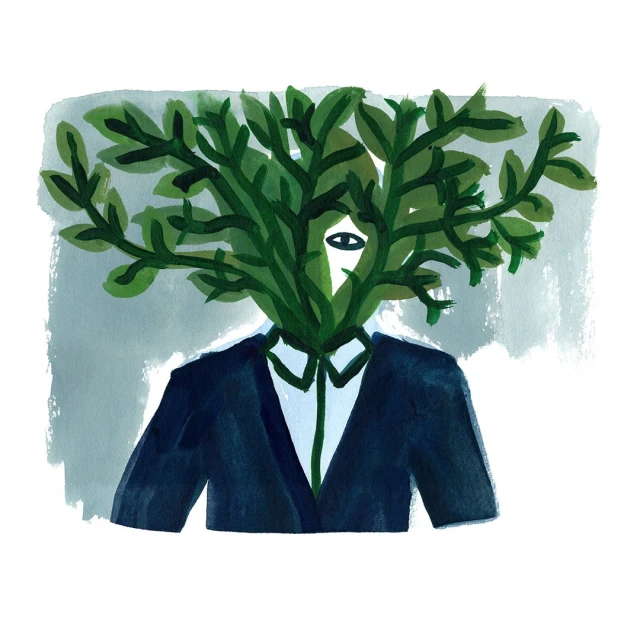 Illustration of person wearing suit with a leafy green plant as a head on a white background with gray watercolor-style paint strokes.