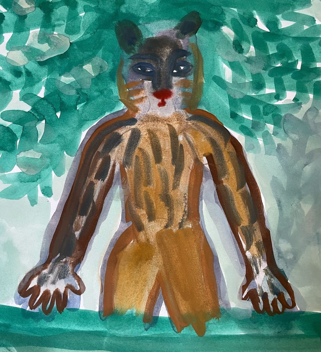 Watercolor painting of a stylized cat-like figure with brown and orange fur, humanoid form, set against green foliage backdrop.