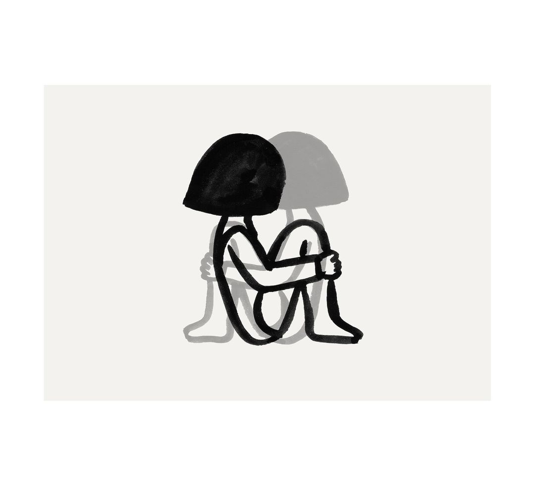 Black-and-white illustration of a figure hugging their knees, with a blurred gray shadow figure behind it on a plain off-white background.