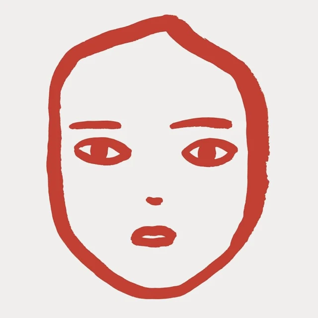 Minimalist line drawing of an adult female face with a neutral expression in rust-red on a cream background, graphic art style.