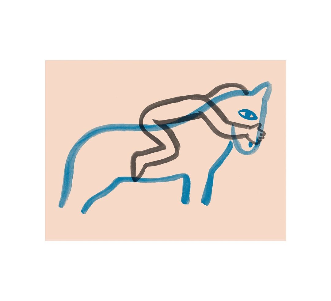 Whimsical line drawing of a figure riding a stylized blue cat against a pastel peach backdrop in a horizontal composition.