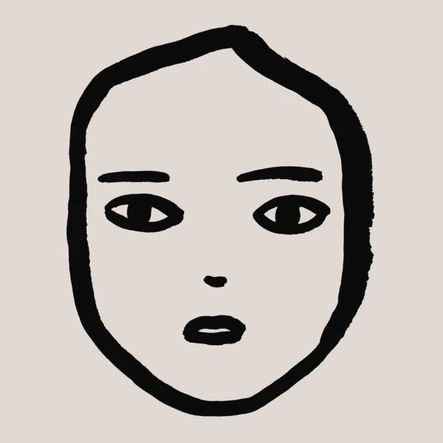 Simple black and white artistic portrait of a person with a neutral facial expression on a light beige background.