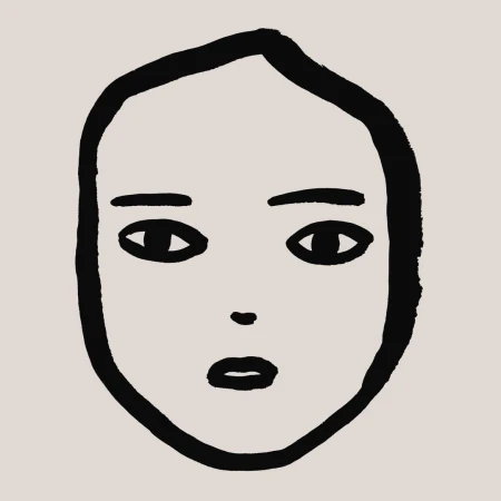 Simple black and white artistic portrait of a person with a neutral facial expression on a light beige background.