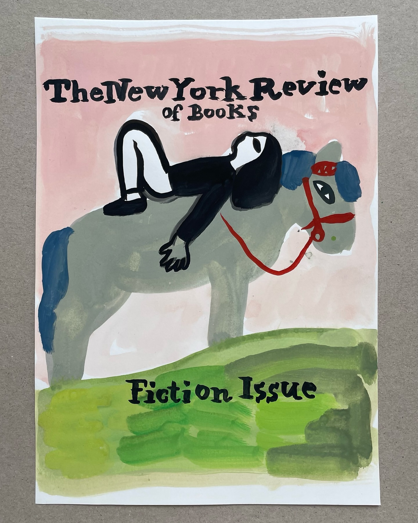 Illustration of a person lying on a grey horse with a backdrop featuring text from “The New York Review of Books Fiction Issue”.