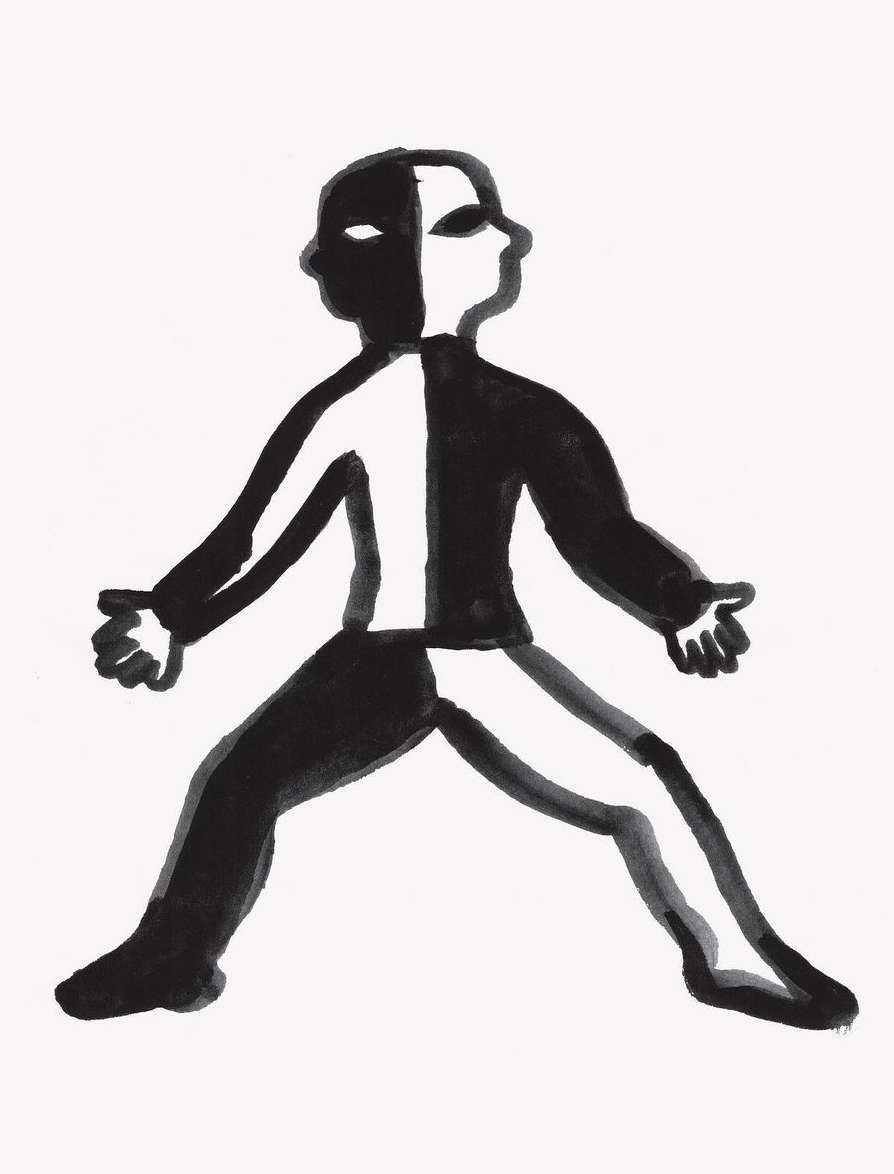 Illustration of a humanoid figure with a black and white color block, arms extended, and legs apart, on a plain white background.