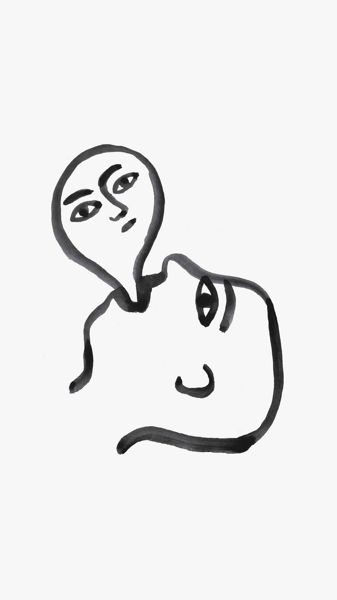 Minimalist art of two faces in black ink on white background. Expressive, simple line drawing. Portrait format. High-contrast abstract art.