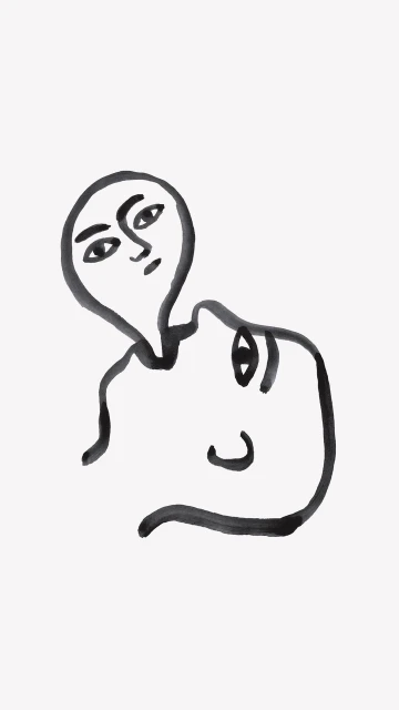 Minimalist art of two faces in black ink on white background. Expressive, simple line drawing. Portrait format. High-contrast abstract art.