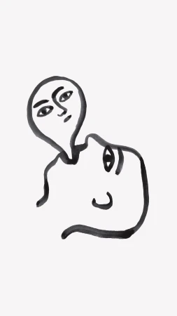 Minimalist art of two faces in black ink on white background. Expressive, simple line drawing. Portrait format. High-contrast abstract art.