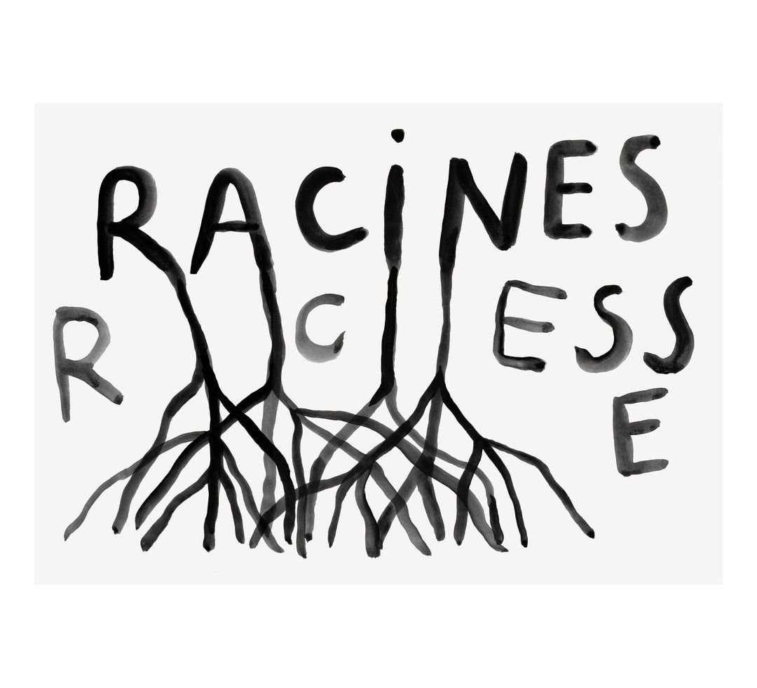 Black watercolor painting on white background of the word 'RACINESS' spelled with root-like forms representing the middle letters.