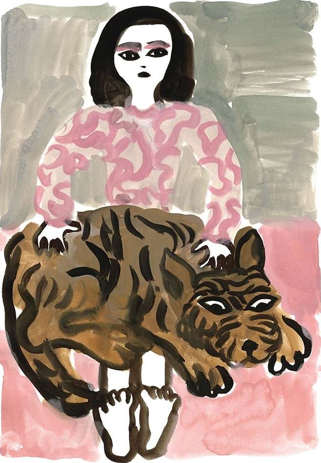 Whimsical watercolor painting of a person in a pink patterned top standing over a brown dog, rendered in a naive style with visible brushstrokes.