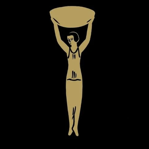 Stylized golden figure of a woman holding a platter above her head, set against a solid black backdrop. Art Deco inspired design.