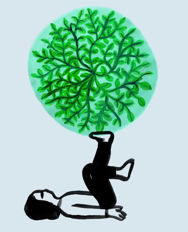 Illustration of a person lying on their back with legs raised, supporting a circular green leafy design, rendered in a simple, graphic style.