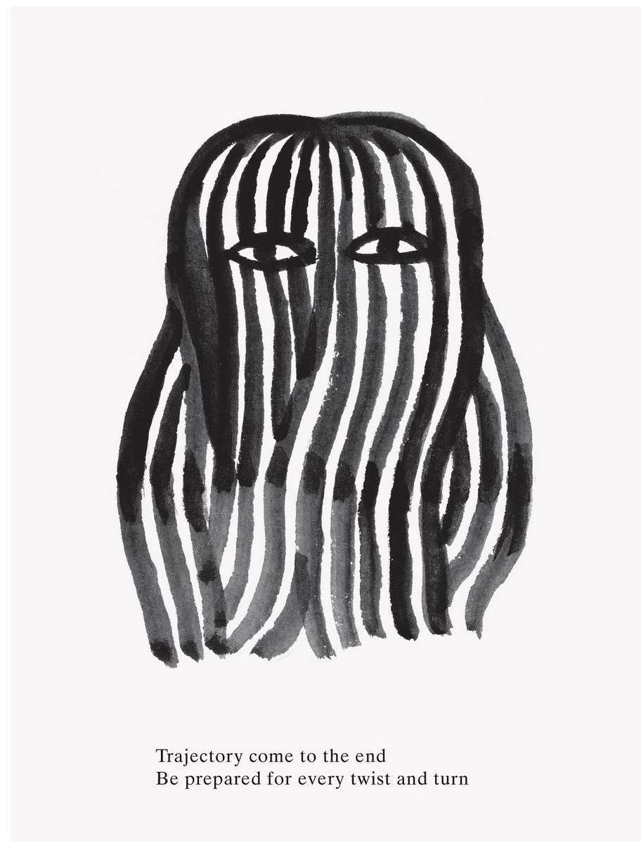 Black and white ink illustration of a figure with striped hair and minimal facial features on a plain white background, abstract art.