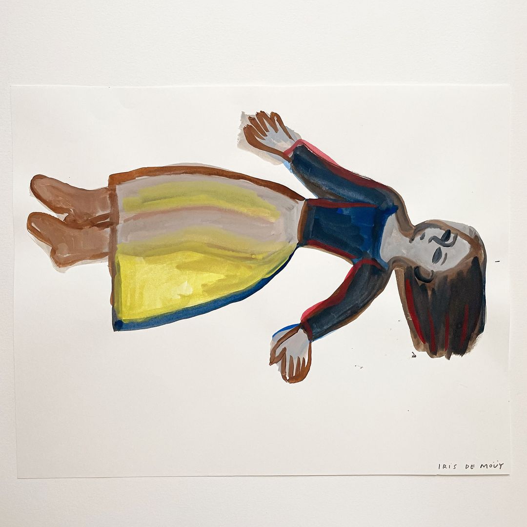 Painting of a woman in a skirt and blouse lying down with arms outstretched against a white background, art by Iris de Moüy.
