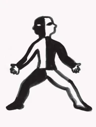 Black and white ink illustration of a human figure split down the middle by illustrator Iris De Mouy.