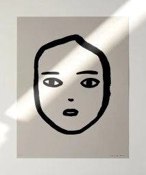 Minimalist black ink line drawing portrait of a face on beige paper with a diagonal light beam