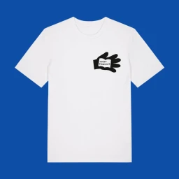 White short-sleeved t-shirt with a black hand illustration holding an open book graphic on the chest against a solid blue background