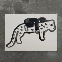 An ink wash illustration on white paper featuring a spotted big cat with a person riding on its back, presented on a textured concrete surface