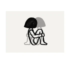 Minimalist black ink illustration of a figure with bobbed hair hugging knees against a plain off-white paper background