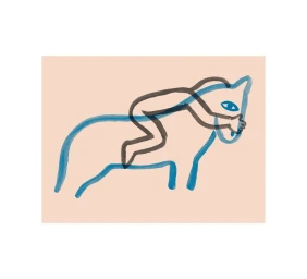 Minimalist illustration of a person riding a horse in blue and brown ink on a light beige background by Iris De Mouy.
