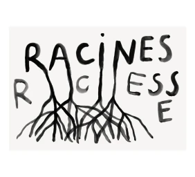 Monochrome ink illustration featuring hand-drawn lettering spelling raciness with root-like strokes on an off-white background.