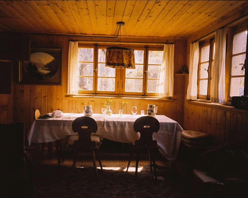 Cozy dining room interior with wooden walls, a table set for a meal, and natural light streaming through the windows.
