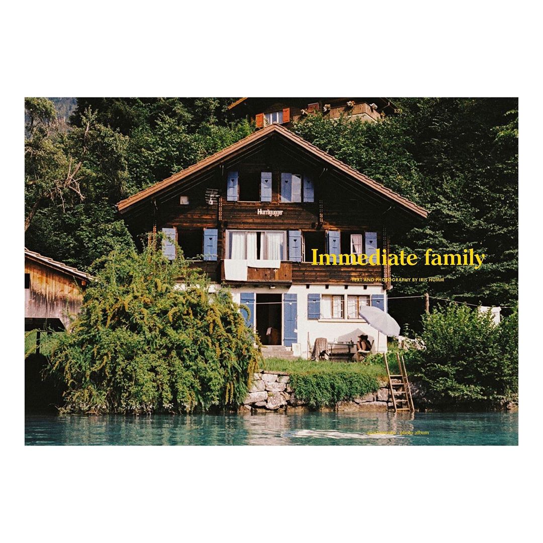 Quaint lakeside house with dark wood and light blue shutters surrounded by green trees and water with an umbrella and dock.