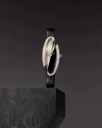 Luxury diamond and gold oval wristwatch resting vertically on a dark textured block against a dark background