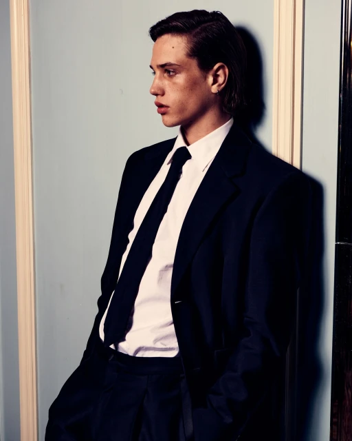 Portrait of a young adult man in a dark suit, white shirt, and dark tie leaning against a pale blue wall with white trim.