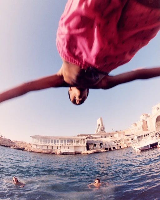Person in pink shorts dives into blue sea near a white building under a clear blue sky, captured with a wide-angle lens in daylight.