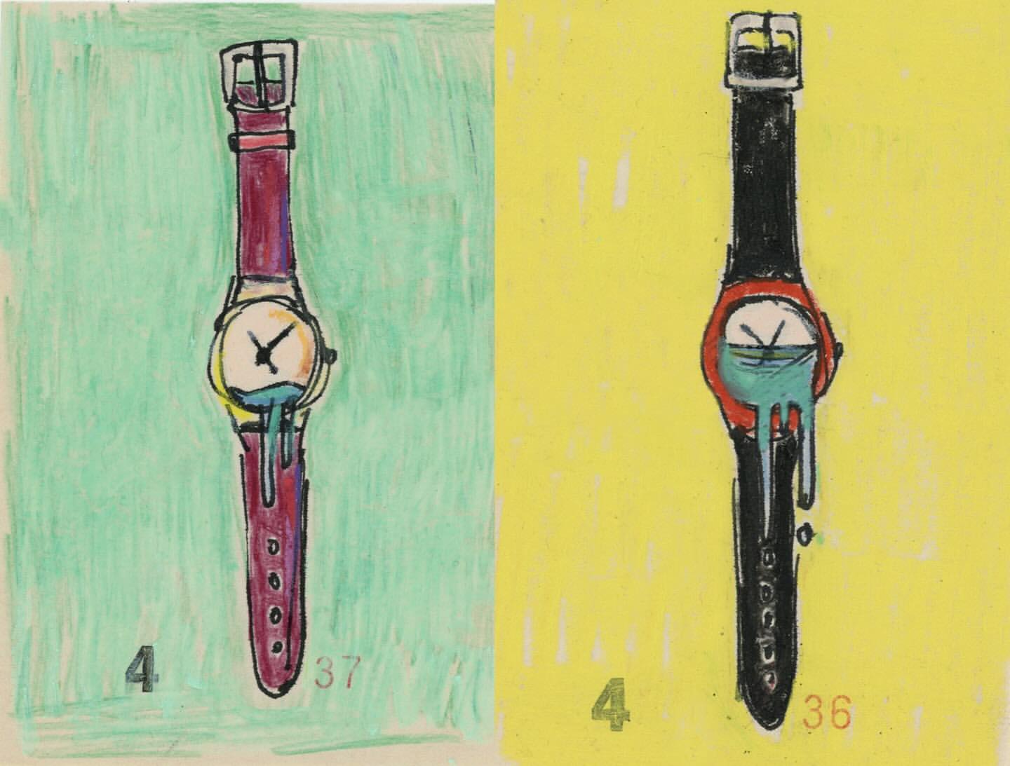 Illustration of two wristwatches side by side, one with a red band against green, the other with a black band against yellow.