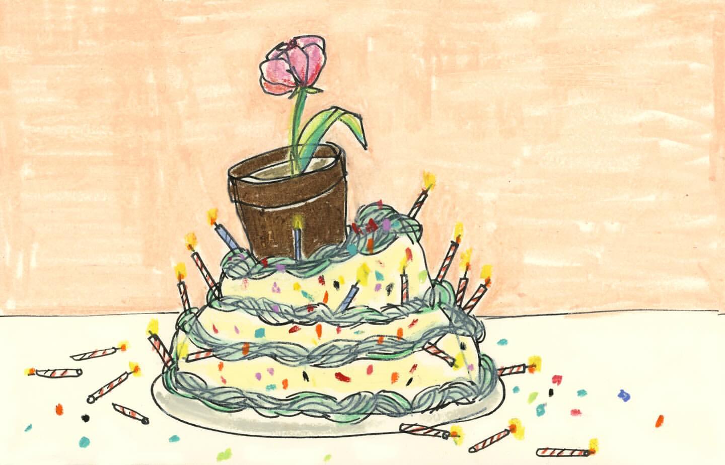 Illustration of a tiered cake with lit candles and a flowerpot on top, against a peach colored background.