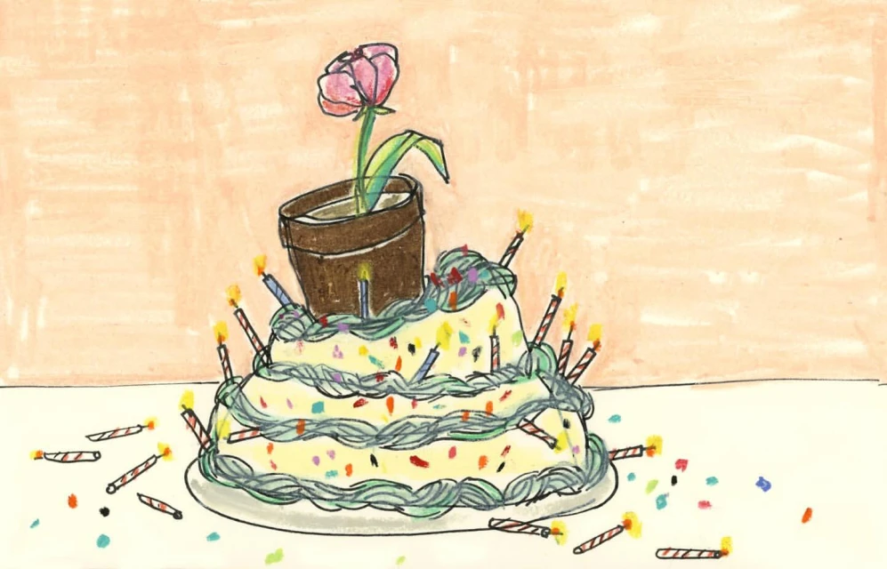 Illustration of a tiered cake with lit candles and a flowerpot on top, against a peach colored background.