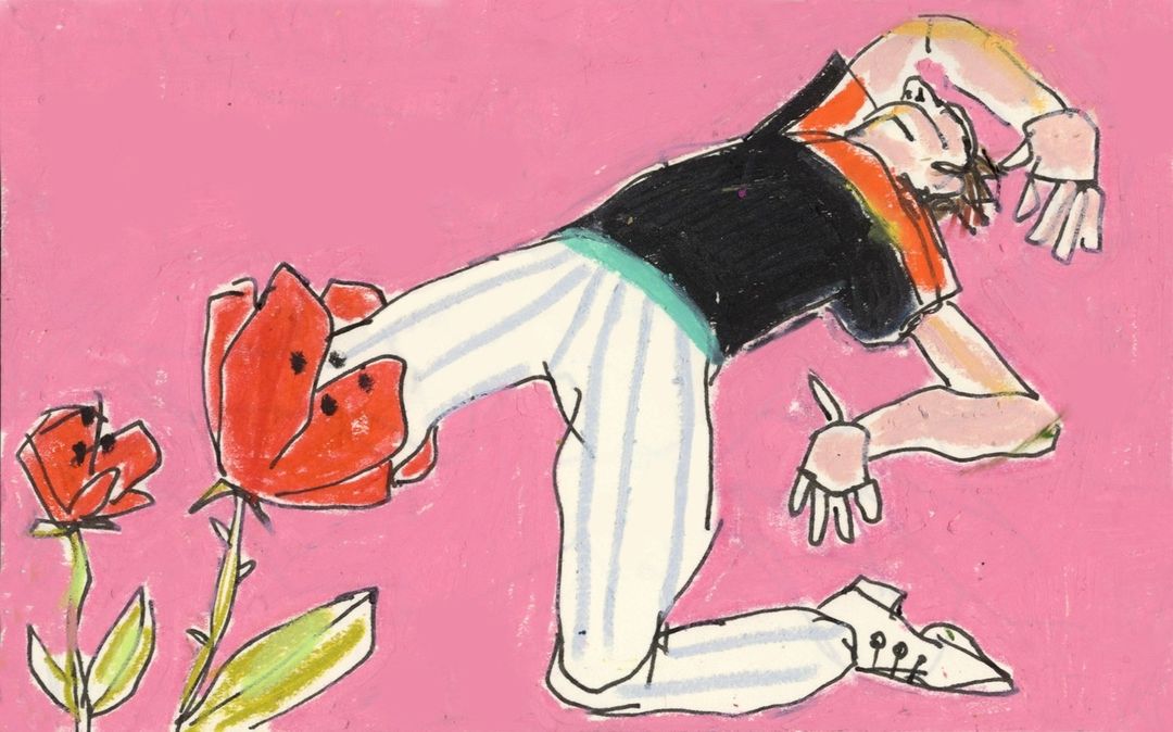 Stylized illustration of an adult in a black shirt and striped pants kneeling near two blooming red flowers against a pink backdrop.