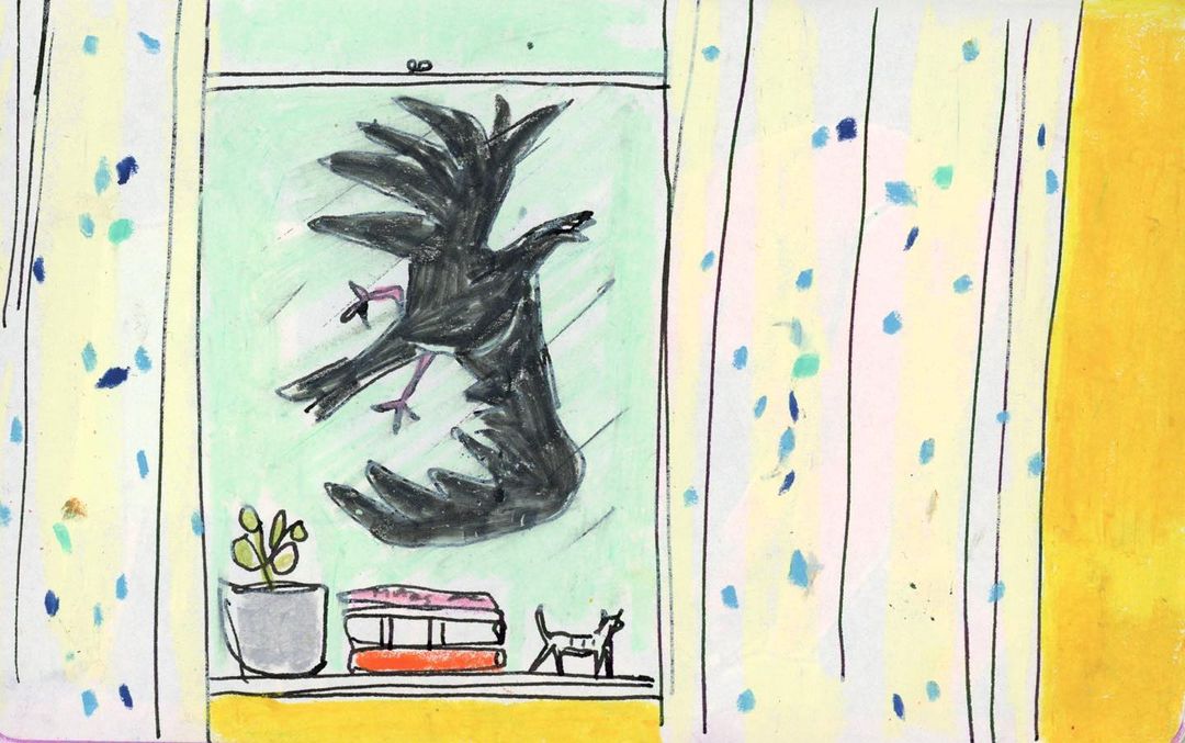 Artwork showing a black bird flying indoors toward a window, with a plant, books, and a toy animal on the windowsill.