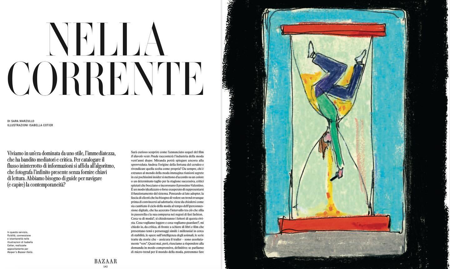 Illustration of a person falling through an hourglass with yellow sand against a black background in a magazine spread.