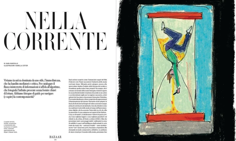 Illustration of a person falling through an hourglass with yellow sand against a black background in a magazine spread.